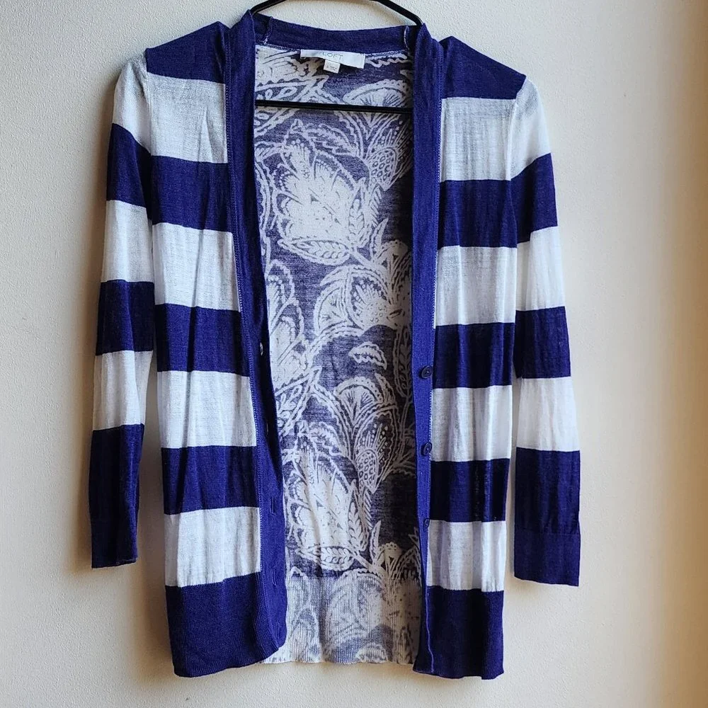 LOFT Purple/White Striped Mixed Media Cardigan Sweater Size Small - Picture 2 of 15